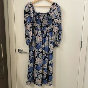 J. Crew Blue Floral Smocked Midi Dress NWT